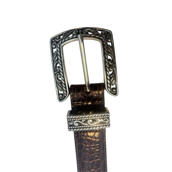 Brighton Brown Croc Embossed Leather Belt Silver Filigree Buckle M/L B4708 - Picture 5 of 9